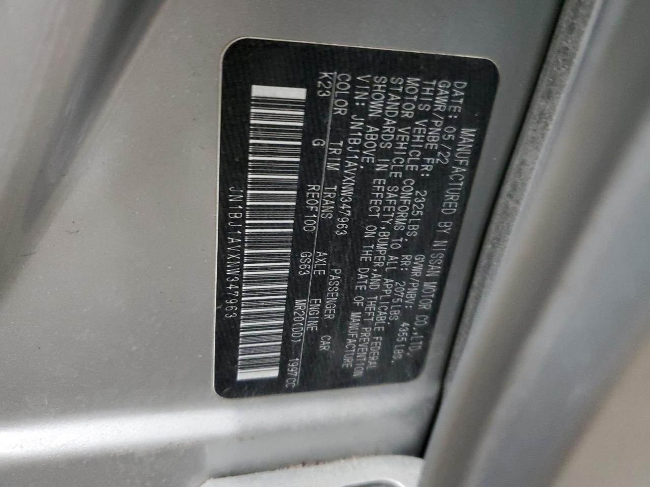 2022 NISSAN ROGUE SPORT S VIN:JN1BJ1AVXNW347963