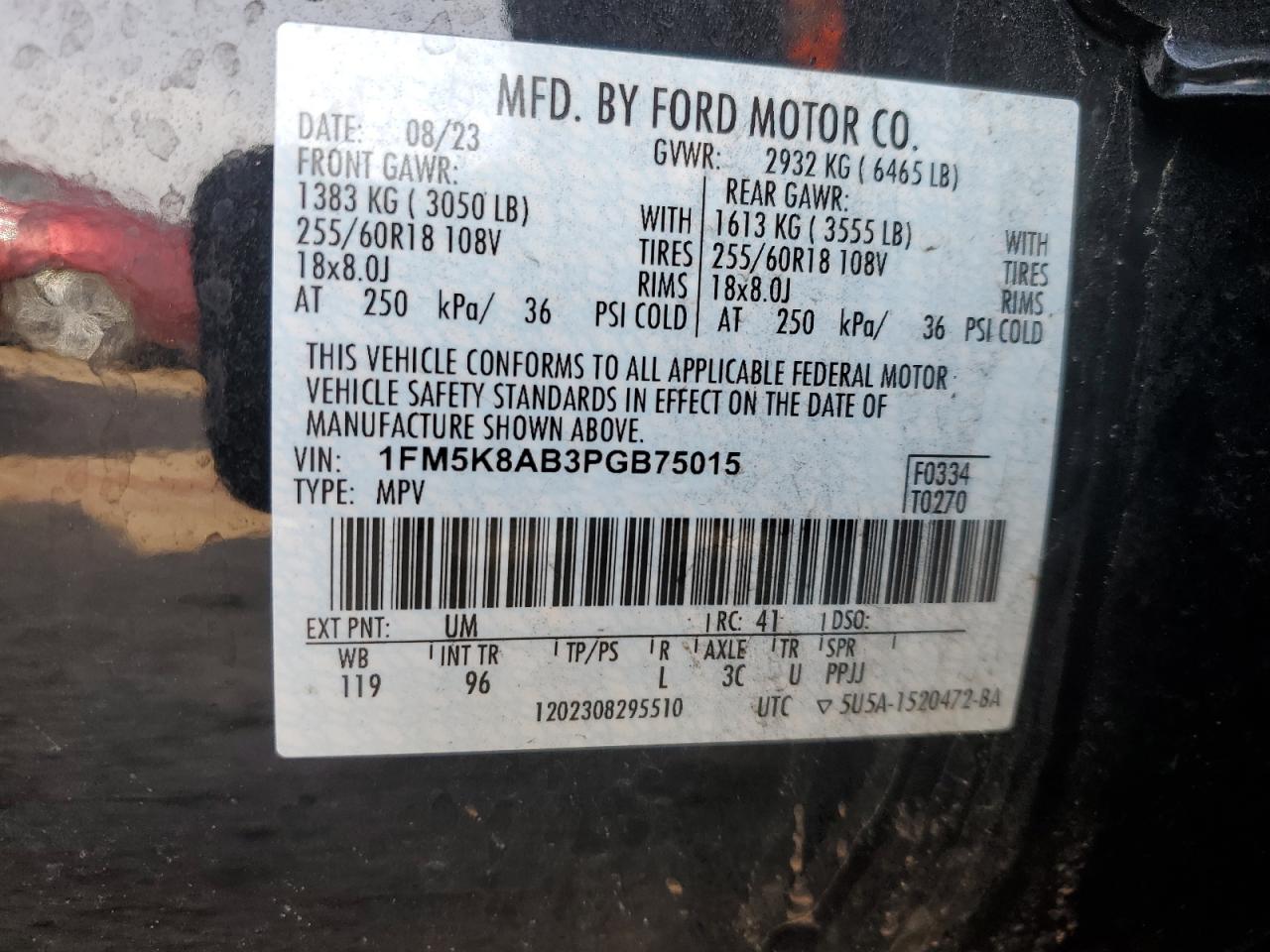 2023 FORD EXPLORER POLICE INTERCEPTOR VIN:1FM5K8AB3PGB75015