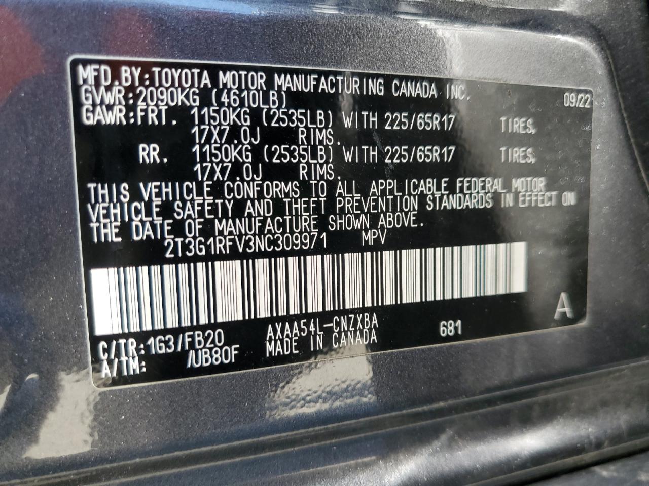 2022 TOYOTA RAV4 LE VIN:2T3G1RFV3NC309971