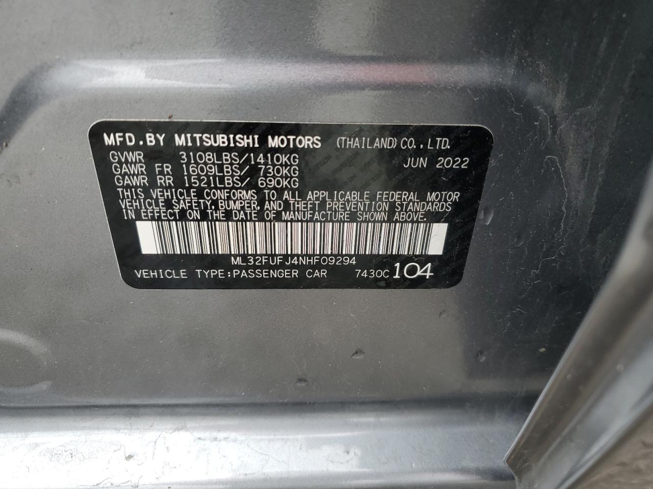 2022 MITSUBISHI MIRAGE G4 ES VIN:ML32FUFJ4NHF09294