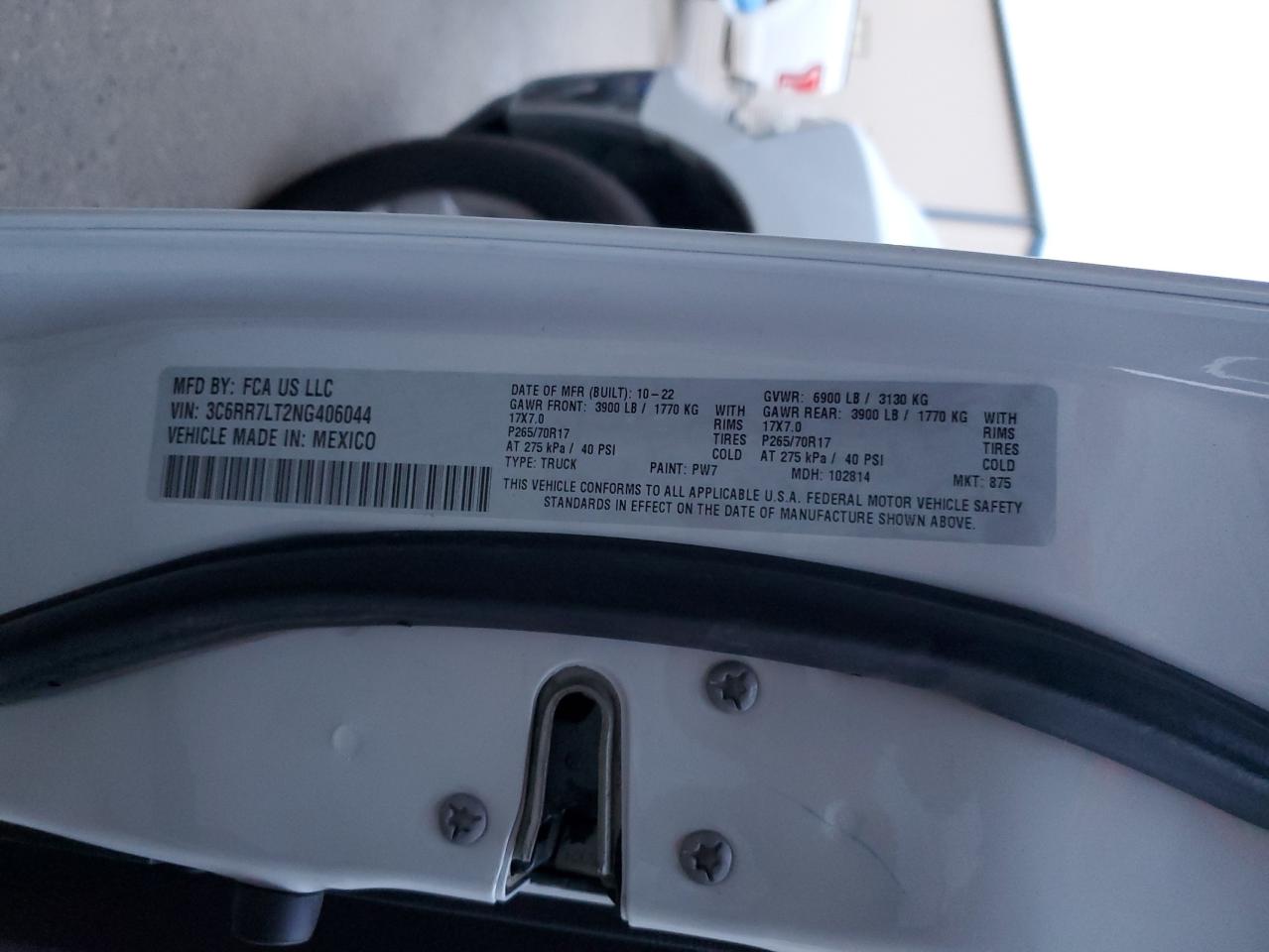 2022 RAM 1500 CLASSIC SLT VIN:3C6RR7LT2NG406044