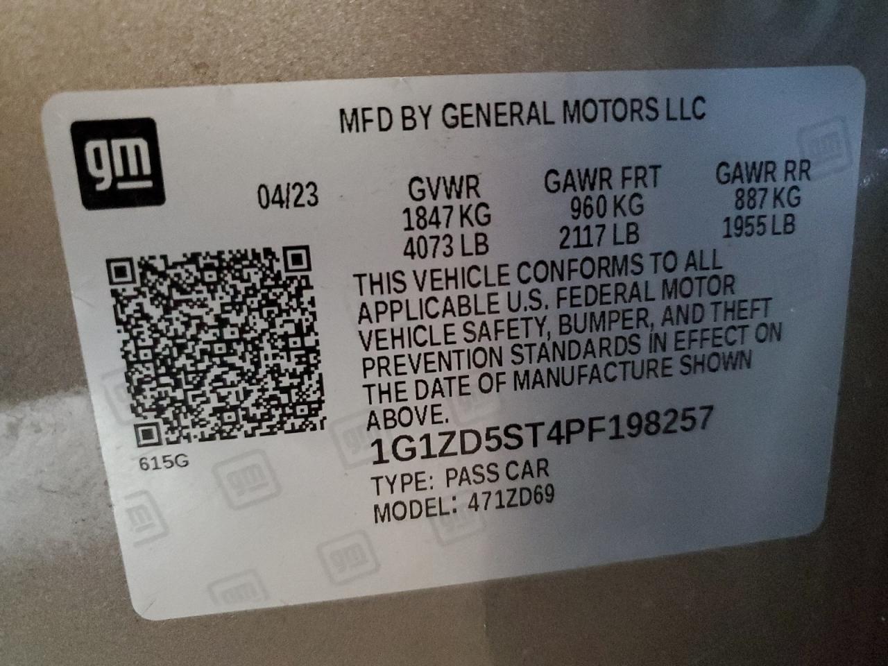 2023 CHEVROLET MALIBU LT VIN:1G1ZD5ST4PF198257