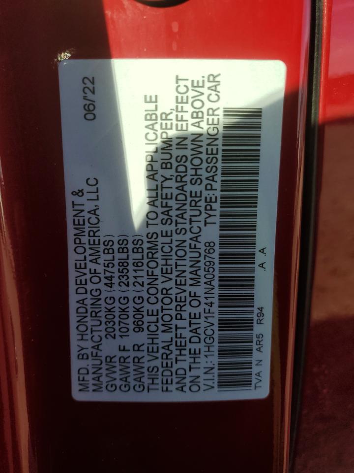 2022 HONDA ACCORD SPORT SE VIN:1HGCV1F41NA059768