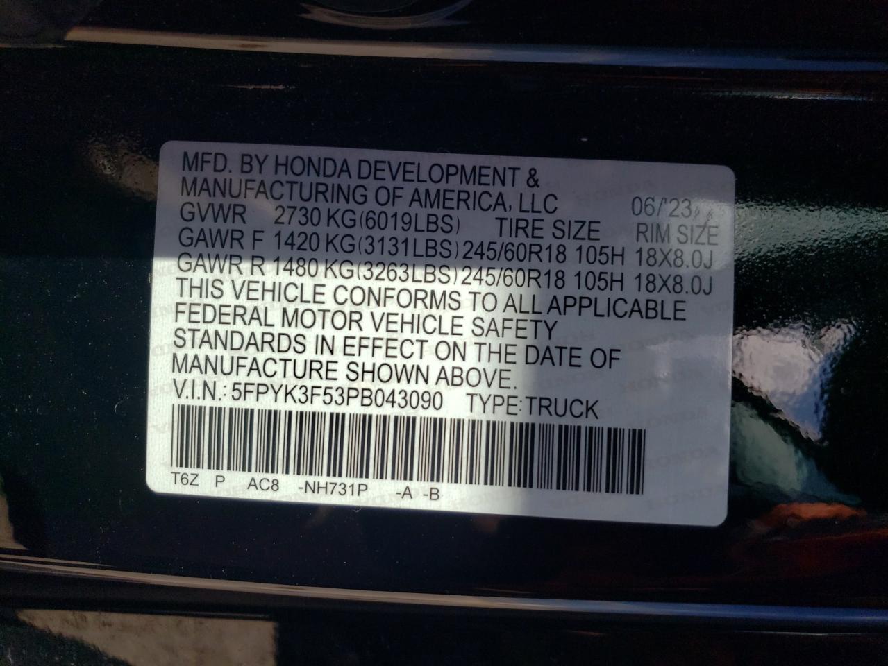 2023 HONDA RIDGELINE RTL VIN:5FPYK3F53PB043090