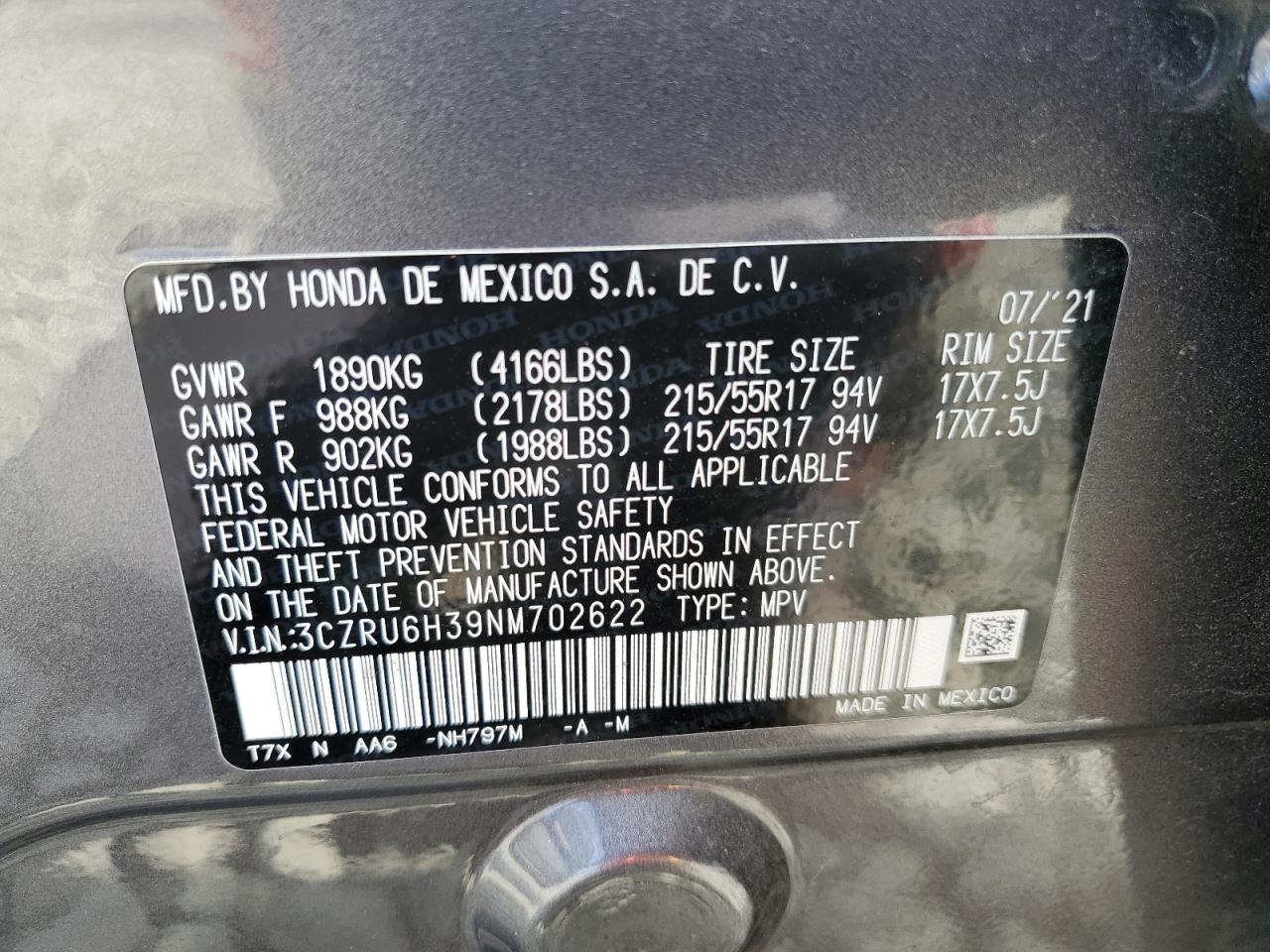 2022 HONDA HR-V LX VIN:3CZRU6H39NM702622