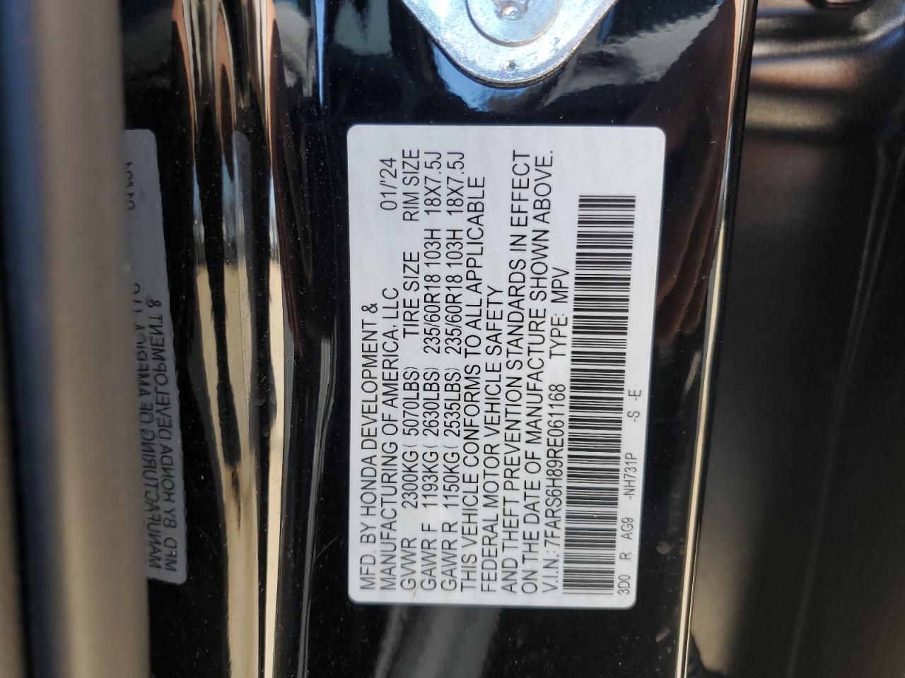 2024 HONDA CR-V SPORT-L VIN:7FARS6H89RE061168