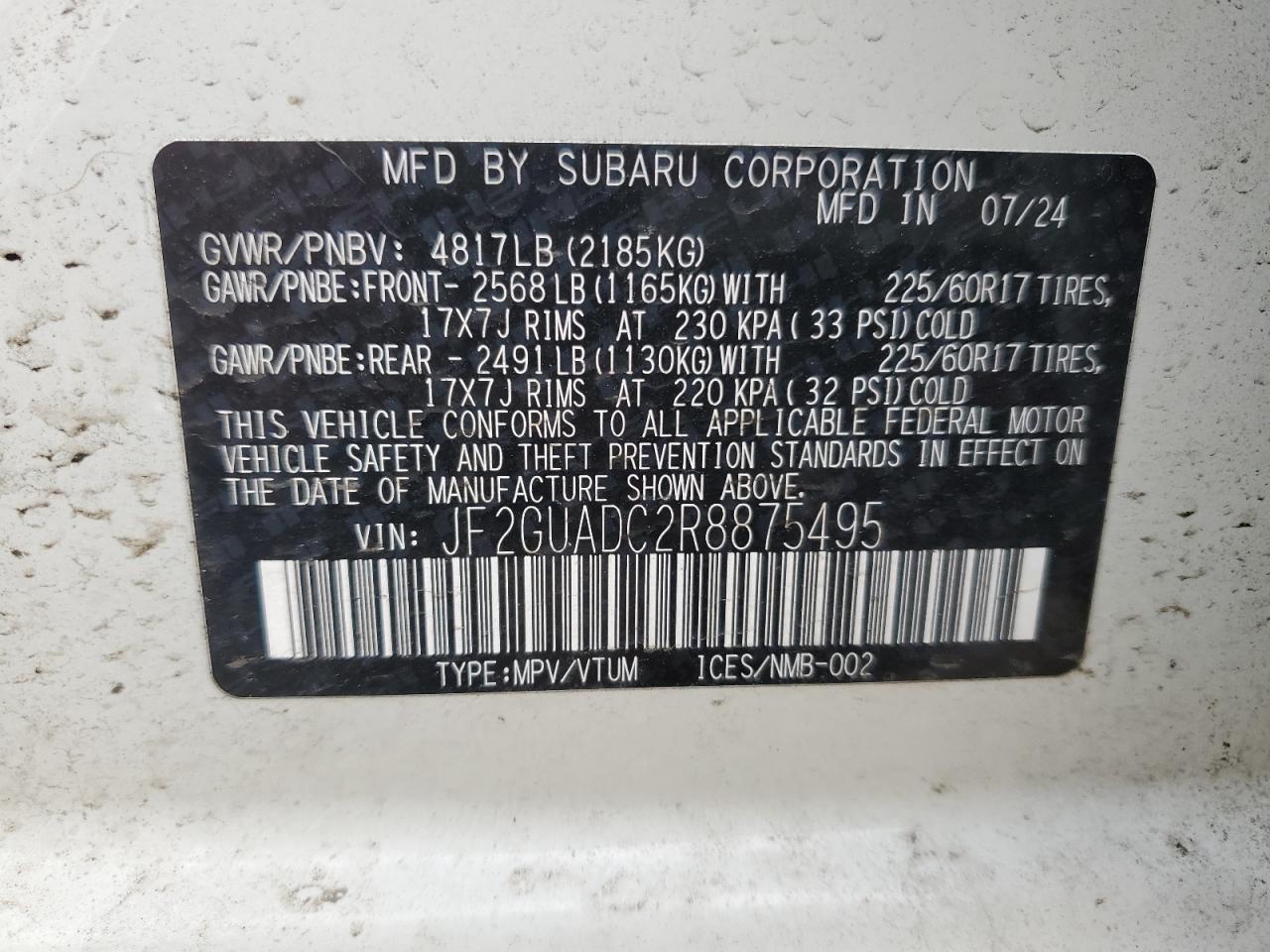 2024 SUBARU CROSSTREK PREMIUM VIN:JF2GUADC2R8875495