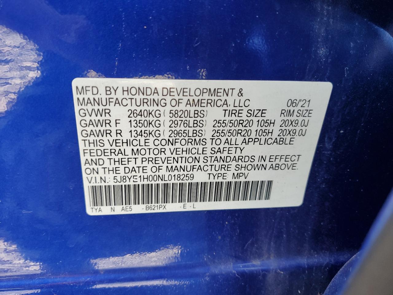 2022 ACURA MDX A-SPEC VIN:5J8YE1H00NL018259