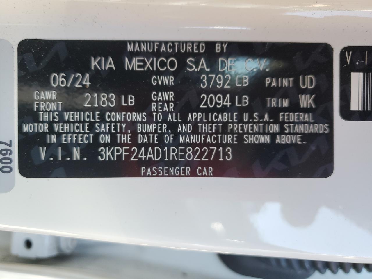 2024 KIA FORTE LX VIN:3KPF24AD1RE822713