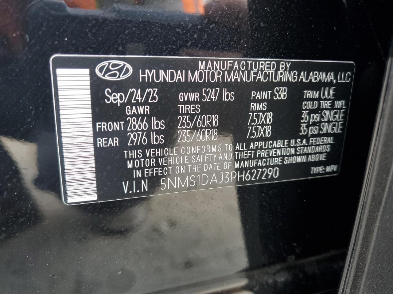 2023 HYUNDAI SANTA FE SE VIN:5NMS1DAJ3PH627290