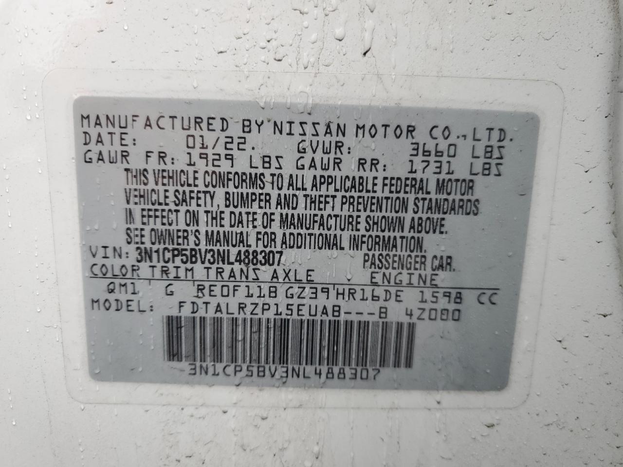 2022 NISSAN KICKS S VIN:3N1CP5BV3NL488307