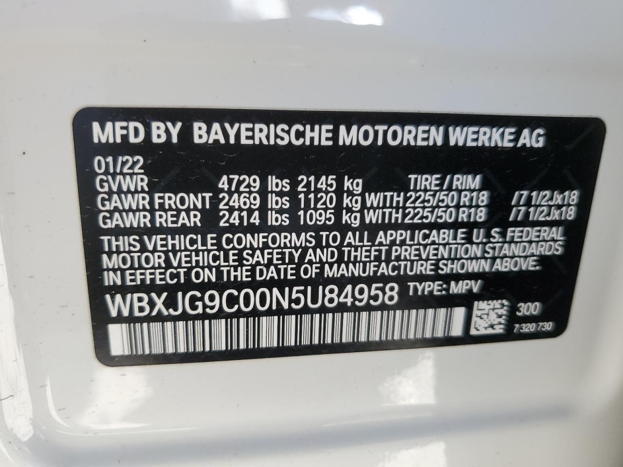 2022 BMW X1 XDRIVE28I VIN:WBXJG9C00N5U84958