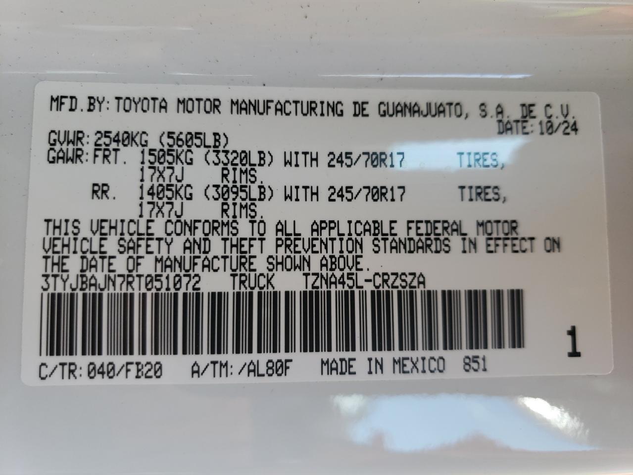 2024 TOYOTA TACOMA XTRACAB VIN:3TYJBAJN7RT051072