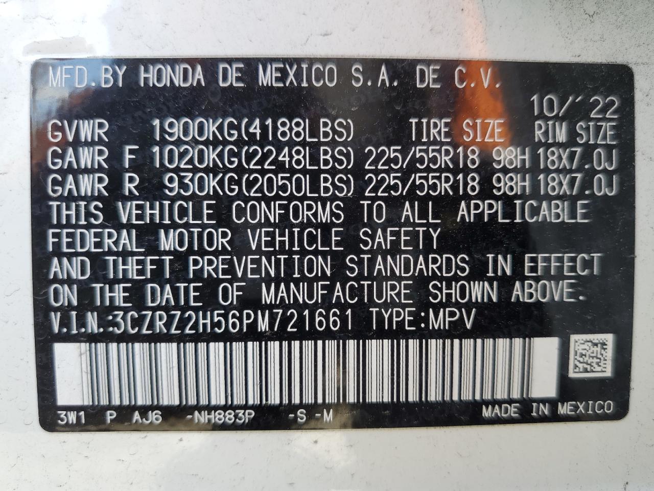 2023 HONDA HR-V SPORT VIN:3CZRZ2H56PM721661
