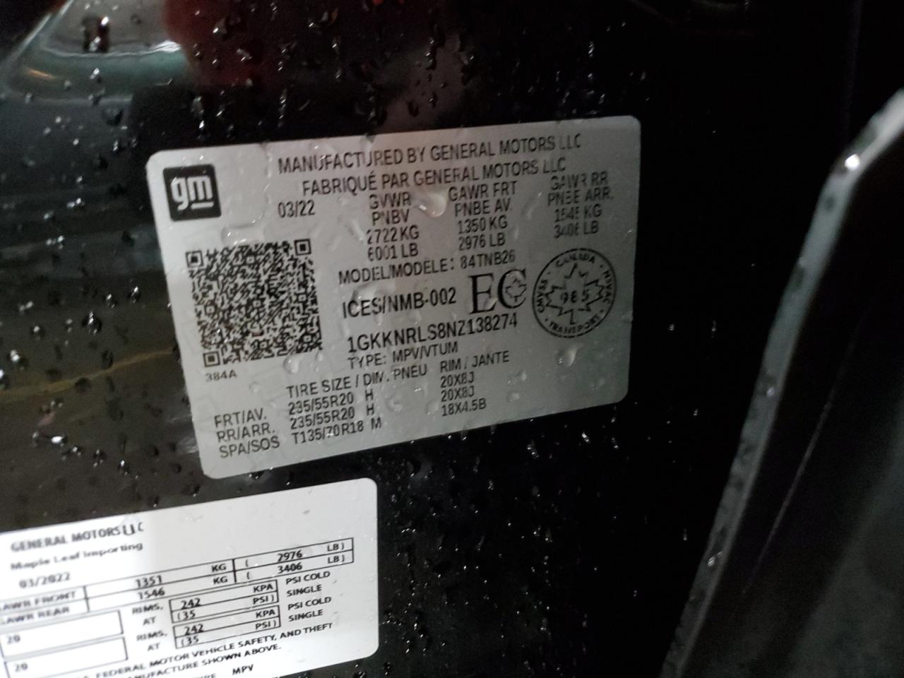 2022 GMC ACADIA SLE VIN:1GKKNRLS8NZ138274