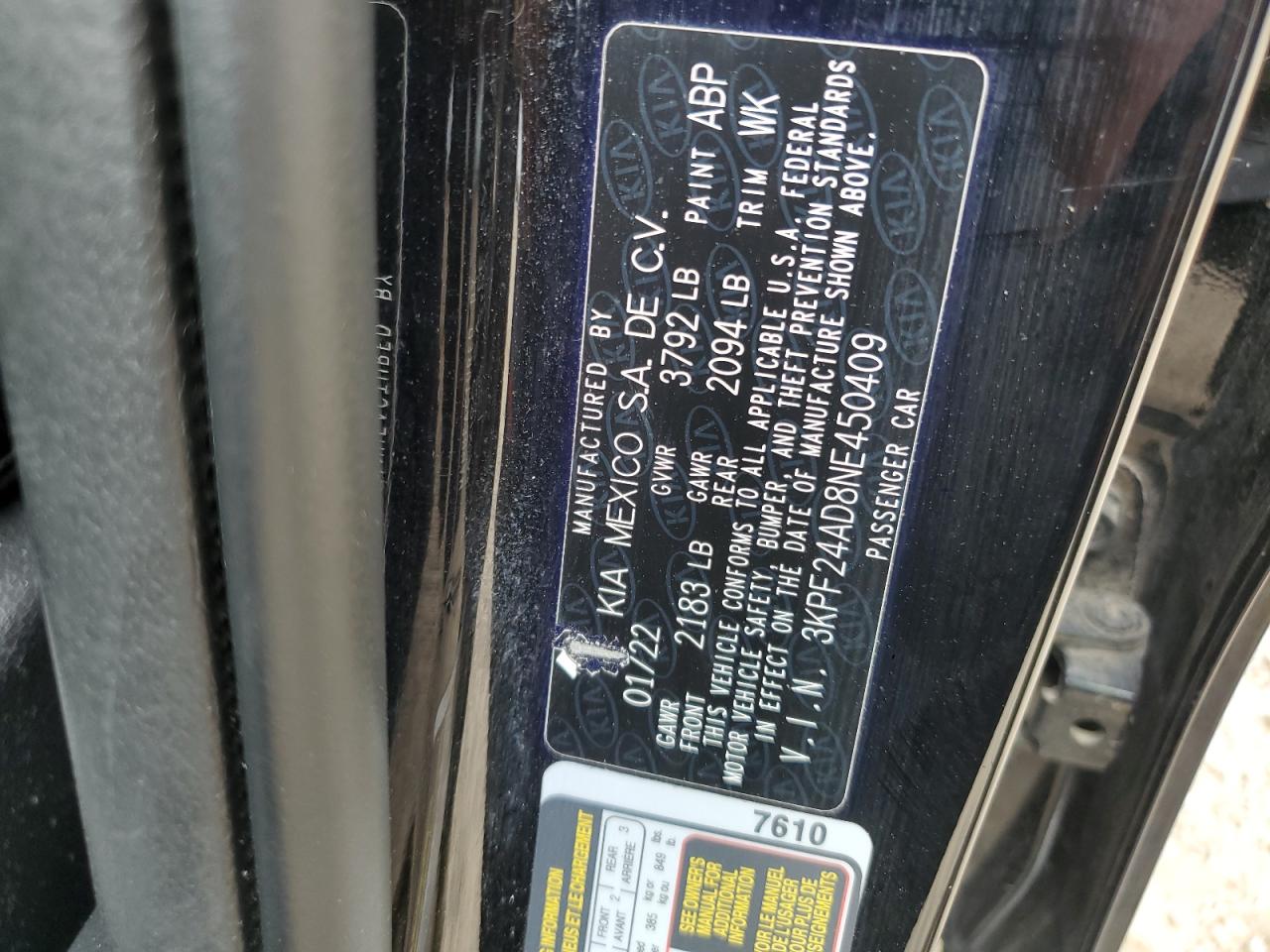 2022 KIA FORTE FE VIN:3KPF24AD8NE450409