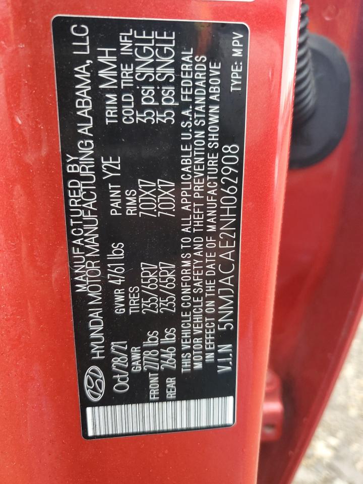 2022 HYUNDAI TUCSON SE VIN:5NMJACAE2NH062908