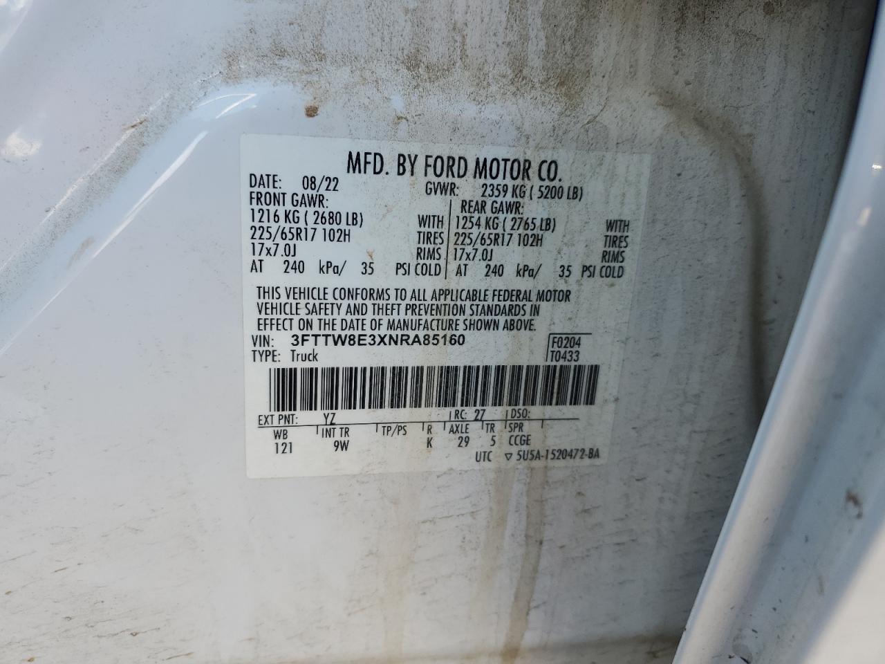 2022 FORD MAVERICK XL VIN:3FTTW8E3XNRA85160