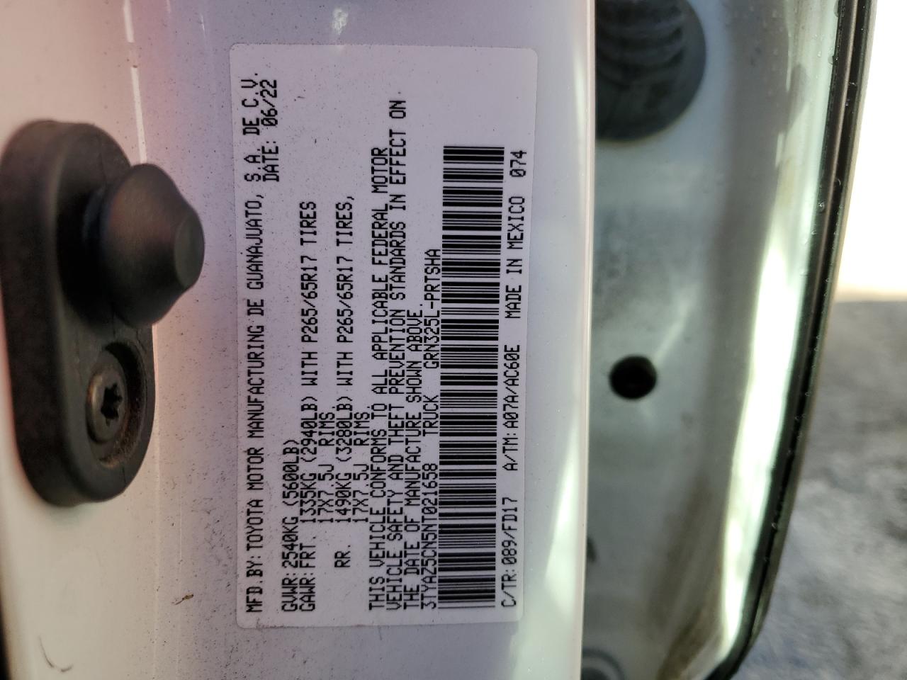 2022 TOYOTA TACOMA DOUBLE CAB VIN:3TYAZ5CN5NT021658
