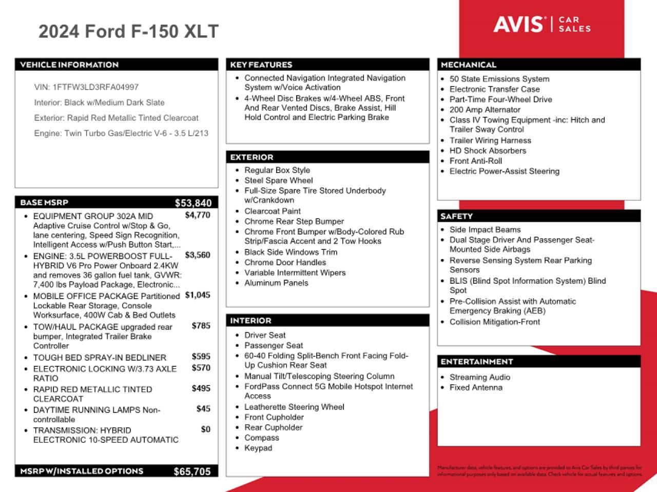 2024 FORD F150 XLT VIN:1FTFW3LD3RFA04997