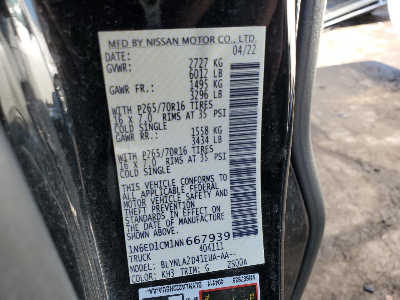 2022 NISSAN FRONTIER S VIN:1N6ED1CM1NN667939