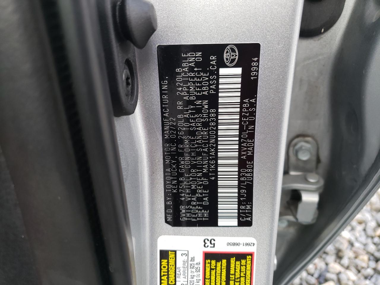 2022 TOYOTA CAMRY XSE VIN:4T1K61AK2NU028388