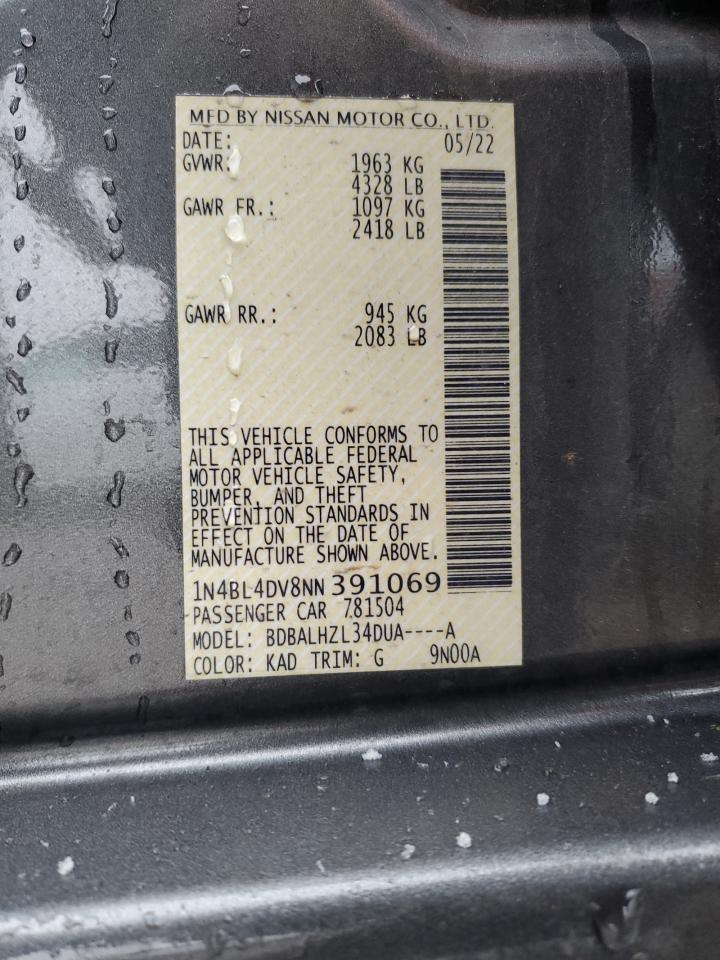 2022 NISSAN ALTIMA SV VIN:1N4BL4DV8NN391069