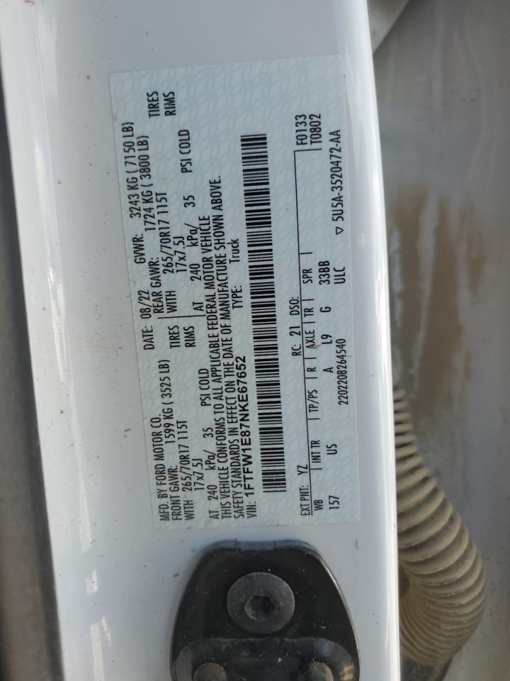 2022 FORD F150 SUPERCREW VIN:1FTFW1E87NKE67652
