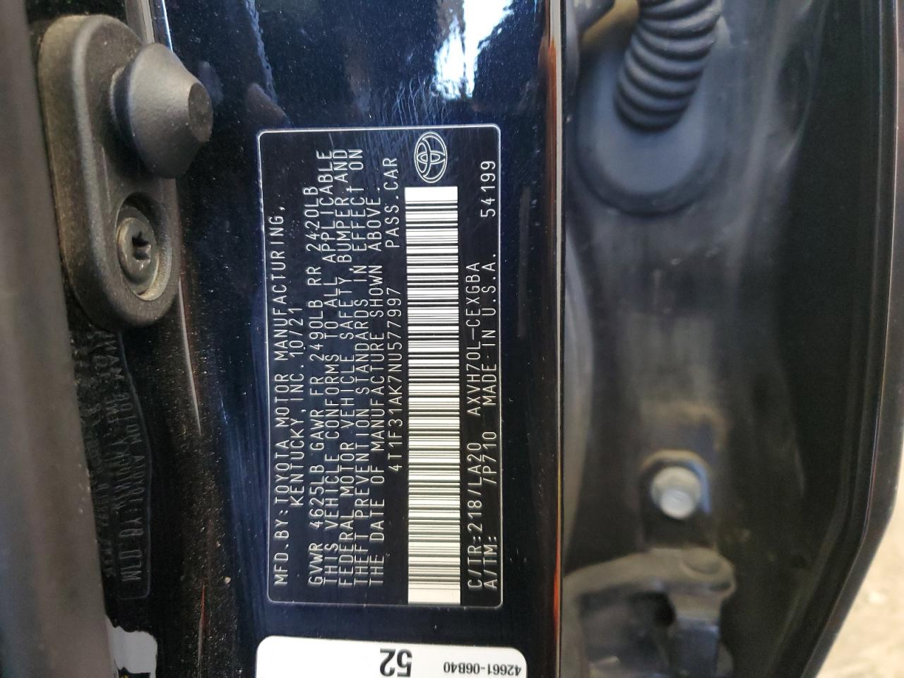 2022 TOYOTA CAMRY XLE VIN:4T1F31AK7NU577997