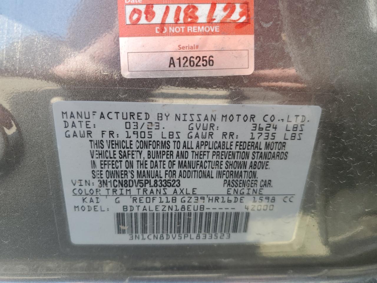 2023 NISSAN VERSA S VIN:3N1CN8DV5PL833523