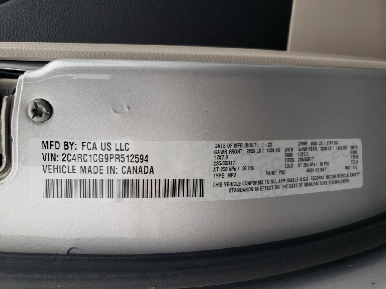 2023 CHRYSLER VOYAGER LX VIN:2C4RC1CG9PR512594