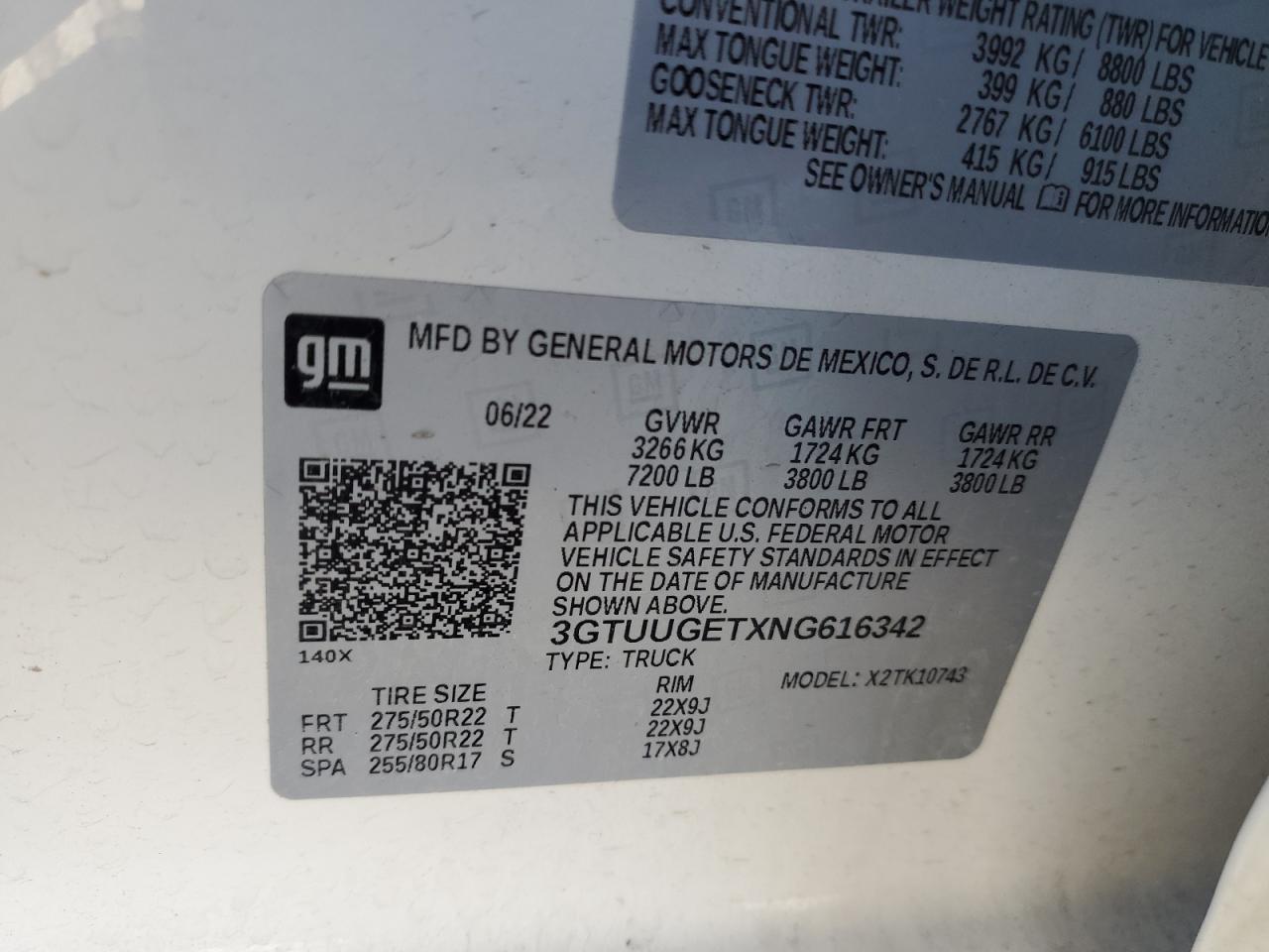2022 GMC SIERRA K1500 DENALI VIN:3GTUUGETXNG616342