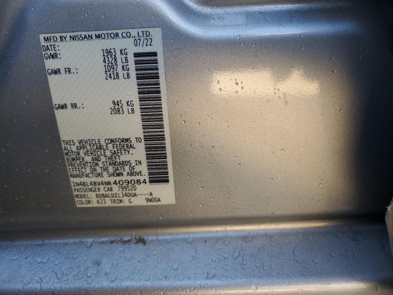 2022 NISSAN ALTIMA S VIN:1N4BL4BV4NN409084