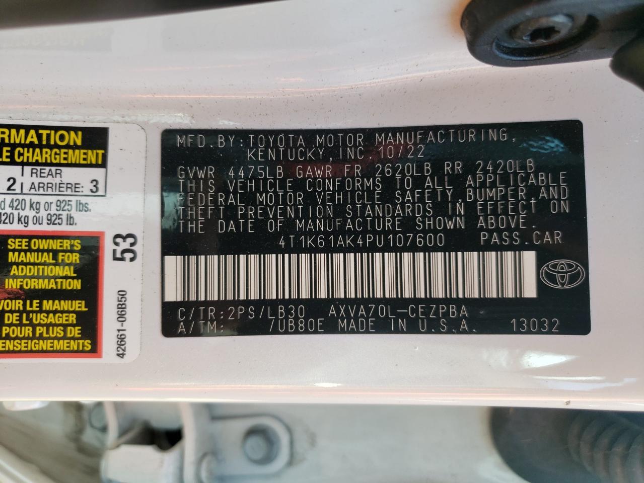 2023 TOYOTA CAMRY XSE VIN:4T1K61AK4PU107600