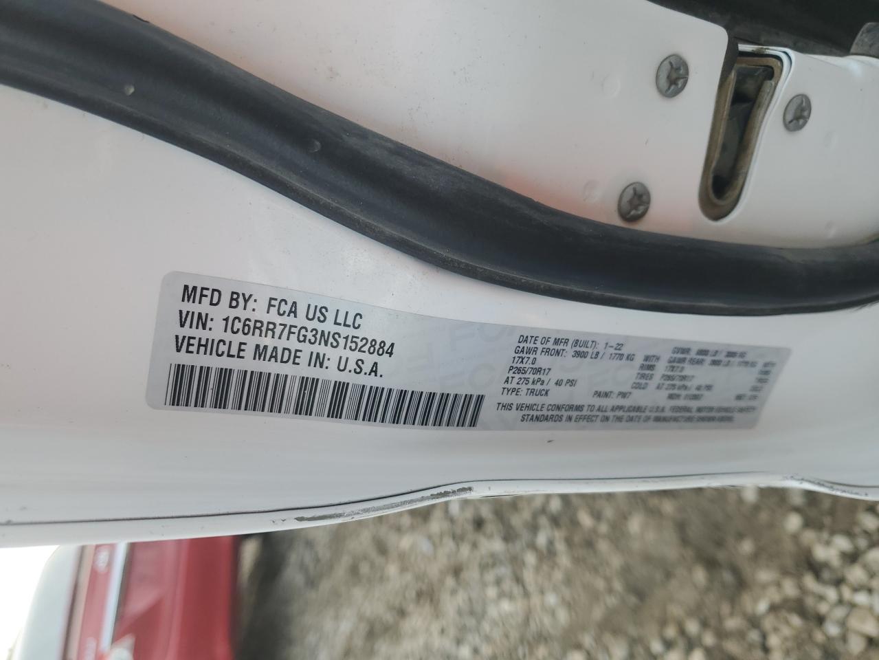 2022 RAM 1500 CLASSIC TRADESMAN VIN:1C6RR7FG3NS152884
