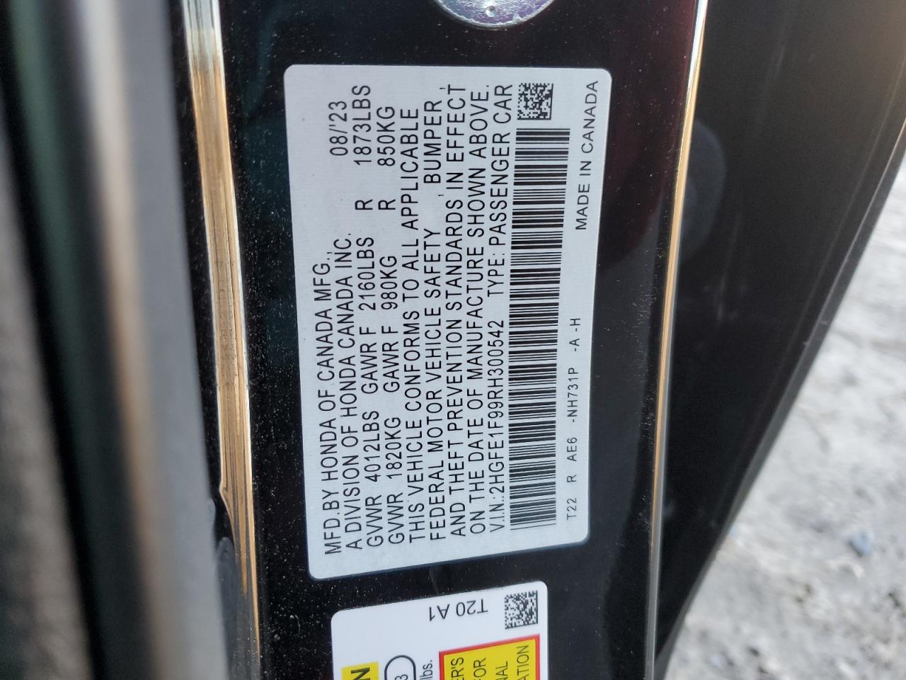 2024 HONDA CIVIC TOURING VIN:2HGFE1F99RH300542