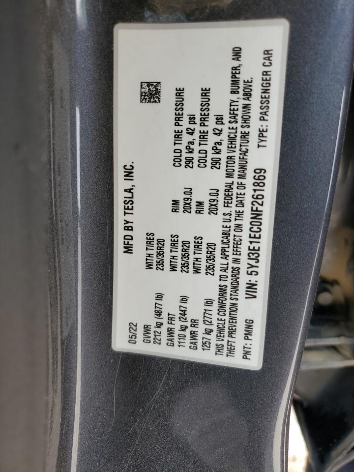 2022 TESLA MODEL 3  VIN:5YJ3E1EC0NF261869