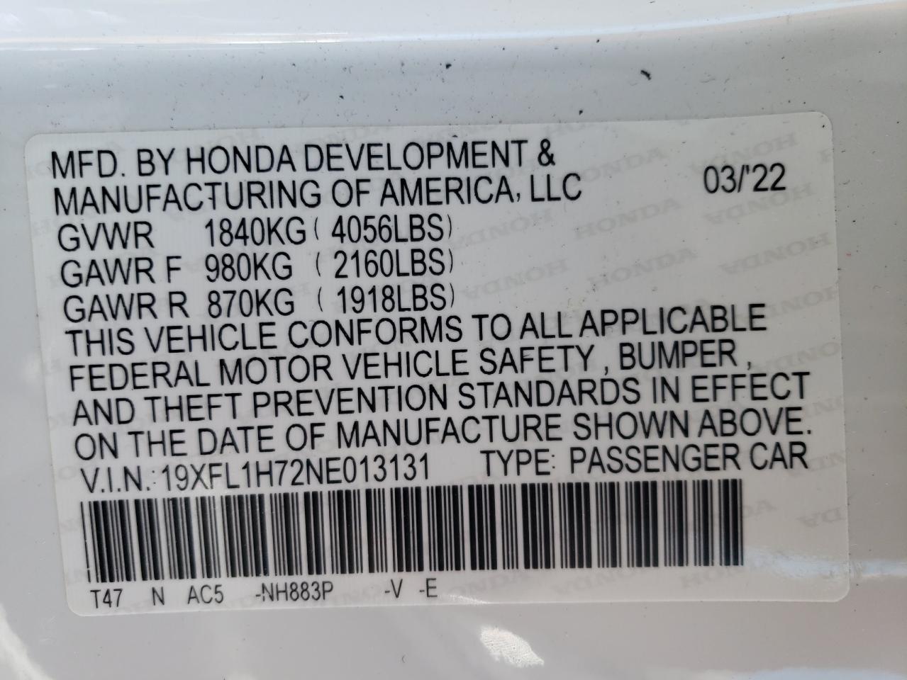 2022 HONDA CIVIC EXL VIN:19XFL1H72NE013131