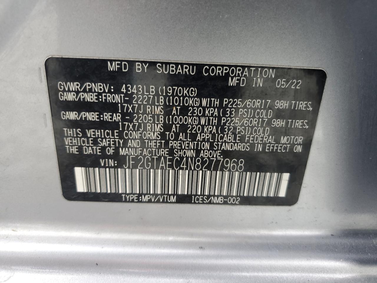 2022 SUBARU CROSSTREK PREMIUM VIN:JF2GTAEC4N8277968