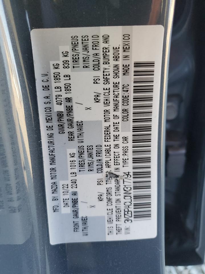 2022 MAZDA 3 PREFERRED VIN:3MZBPACL0NM317794