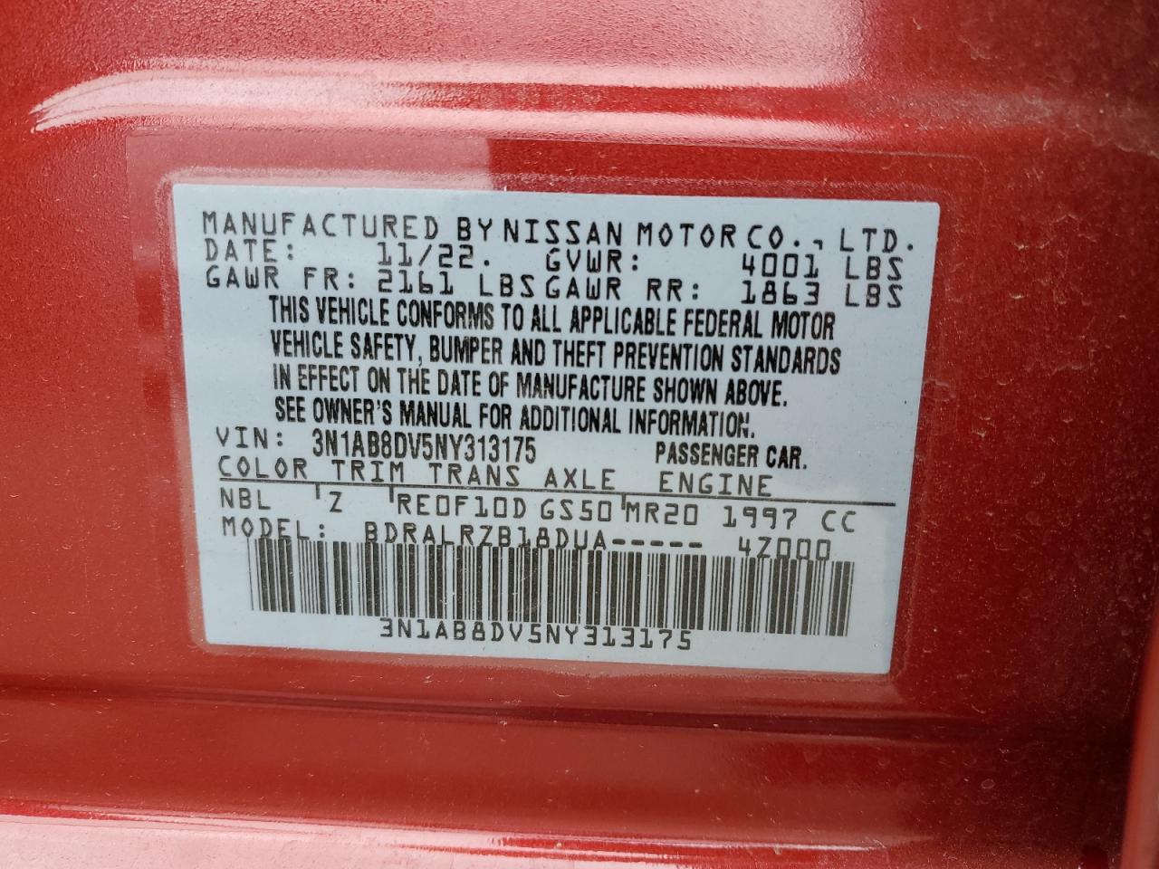 2022 NISSAN SENTRA SR VIN:3N1AB8DV5NY313175