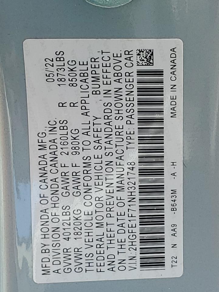 2022 HONDA CIVIC EX VIN:2HGFE1F71NH321748