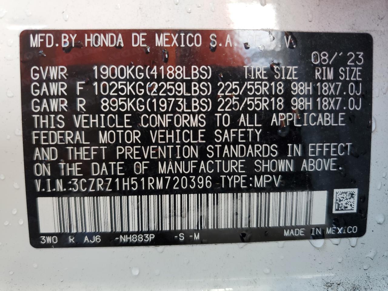 2024 HONDA HR-V SPORT VIN:3CZRZ1H51RM720396