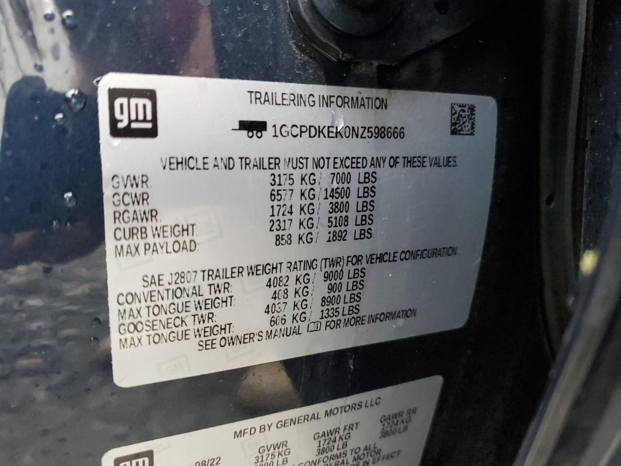 2022 CHEVROLET SILVERADO K1500 LT-L VIN:1GCPDKEK0NZ598666