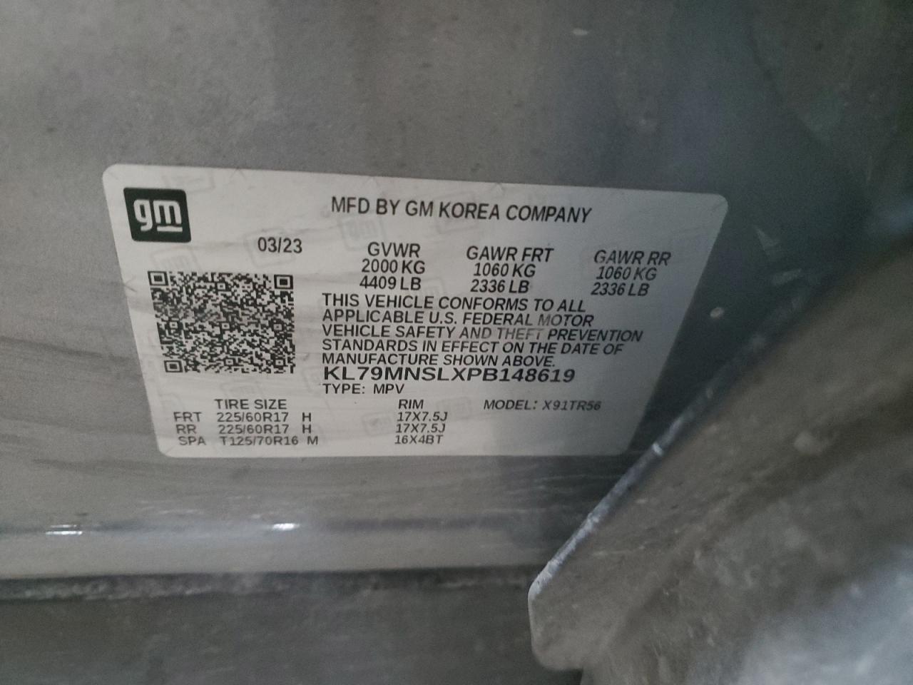 2023 CHEVROLET TRAILBLAZER LS VIN:KL79MNSLXPB148619