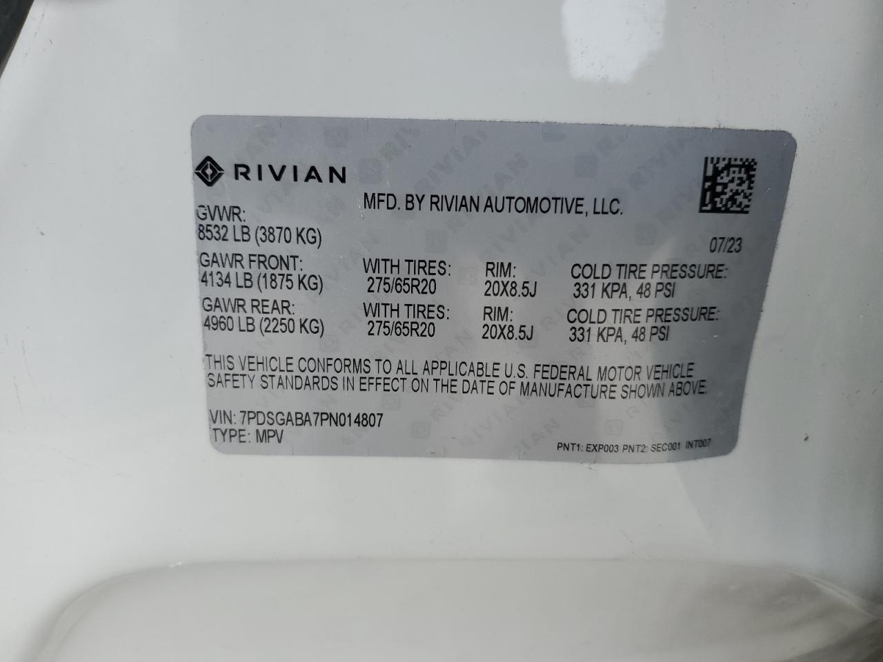 2023 RIVIAN R1S ADVENTURE VIN:7PDSGABA7PN014807
