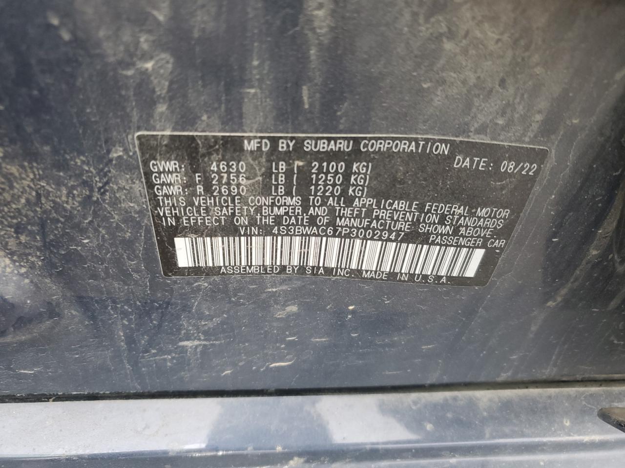 2023 SUBARU LEGACY PREMIUM VIN:4S3BWAC67P3002947