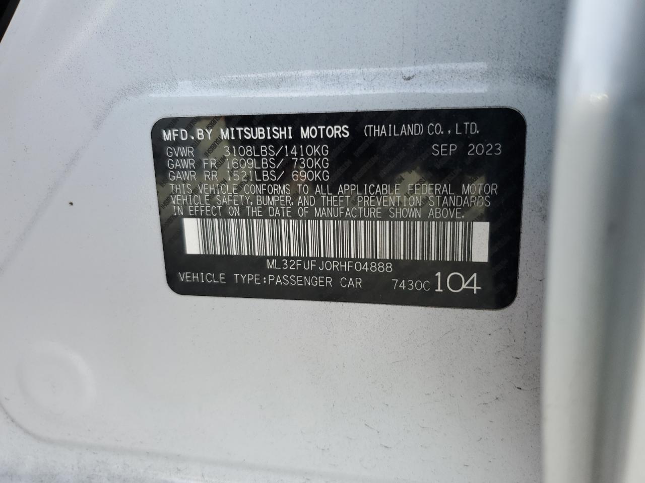 2024 MITSUBISHI MIRAGE G4 ES VIN:ML32FUFJ0RHF04888