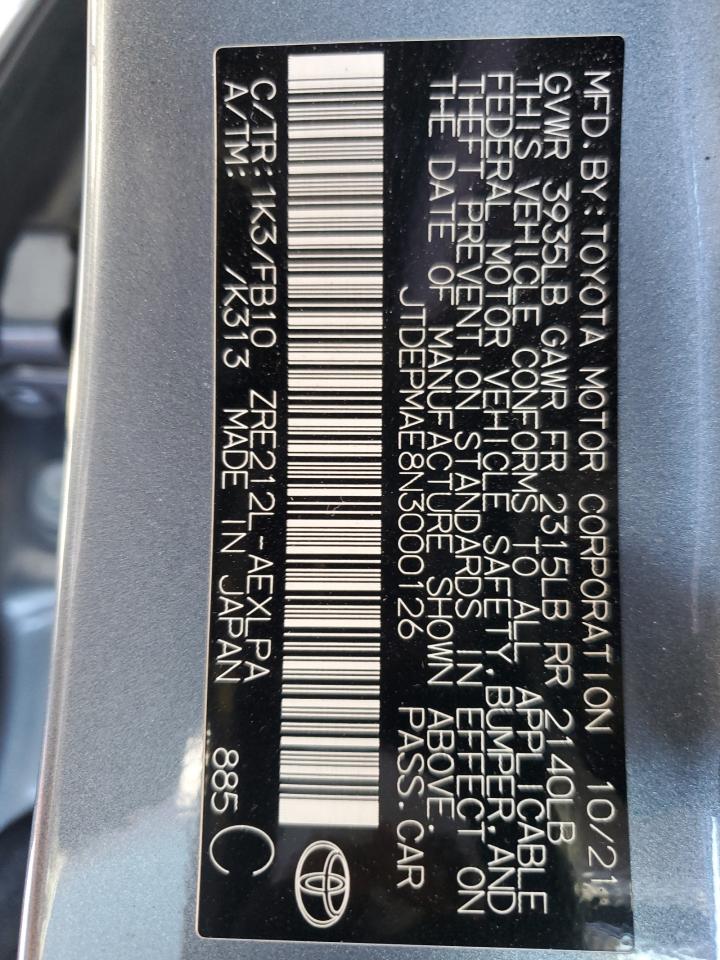 2022 TOYOTA COROLLA LE VIN:JTDEPMAE8N3000126