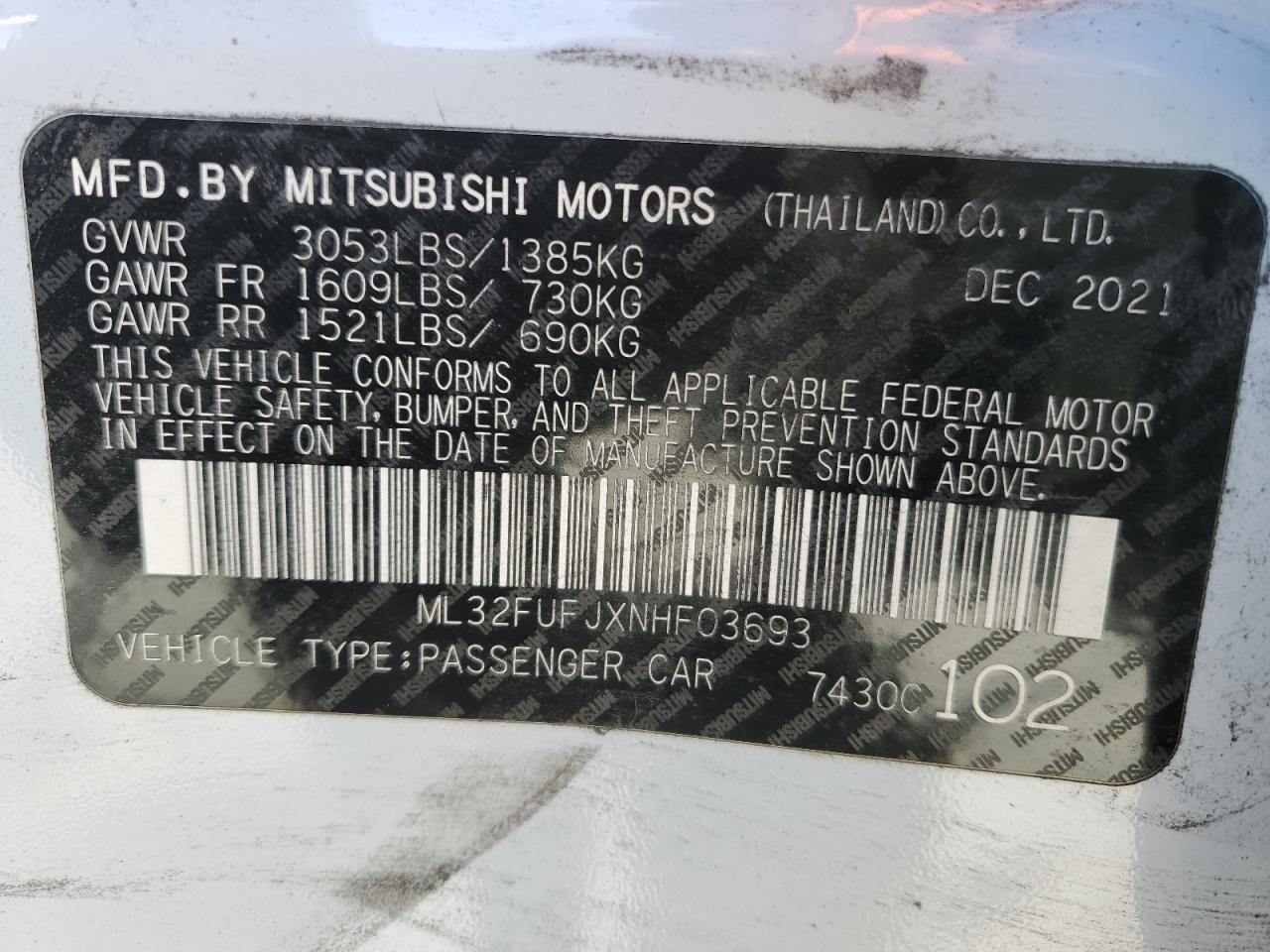 2022 MITSUBISHI MIRAGE G4 ES VIN:ML32FUFJXNHF03693